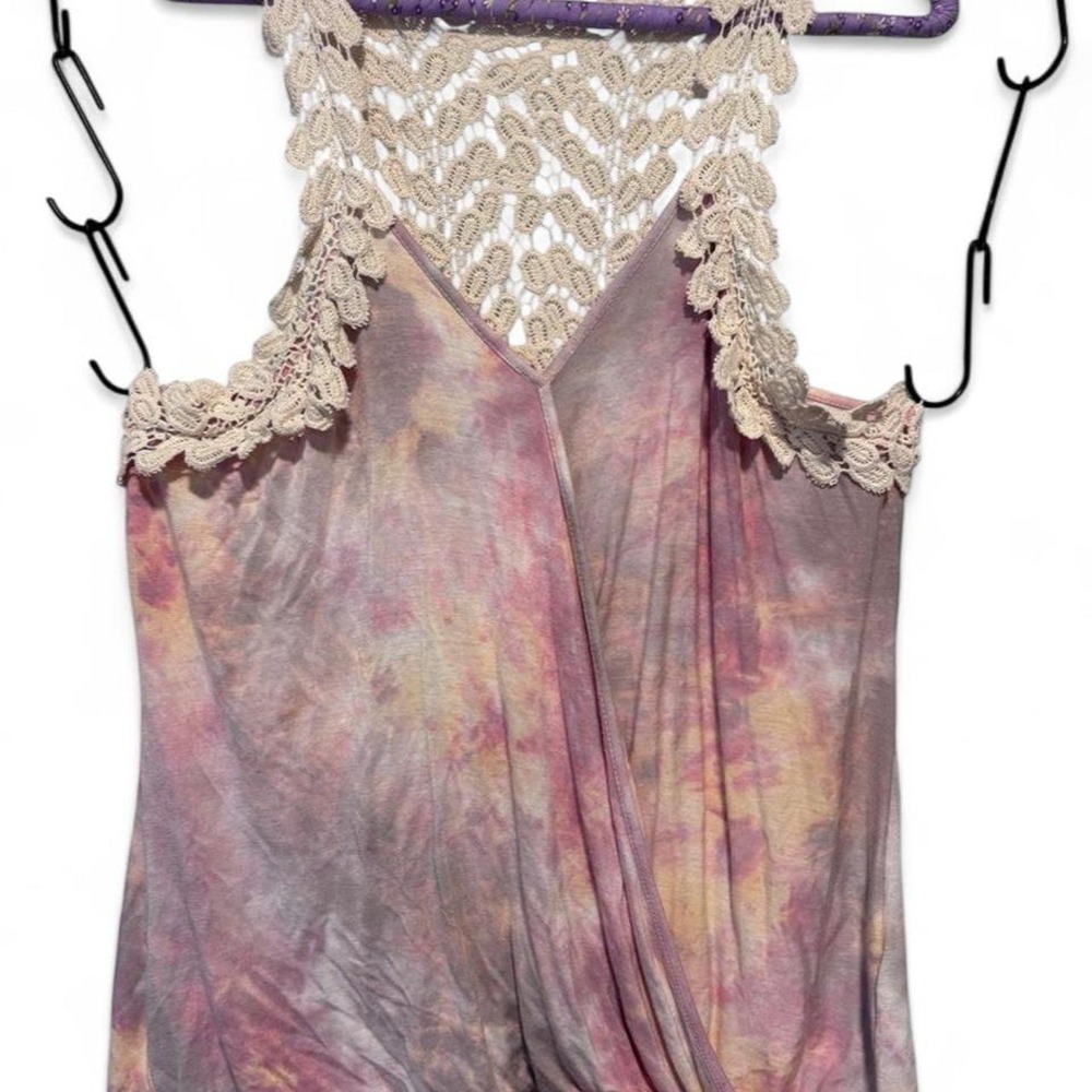 Venus Tie Dye Tank Top Womens XL Crochet Lace Racerback Wrap Front Blouse Pink